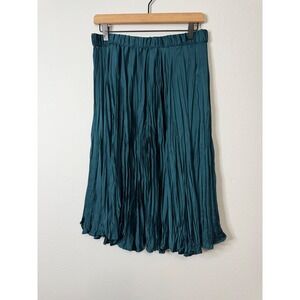 NWT - J. Jill - Teal Blue‎ Pleated Crinkle Midi Skirt Satin Quiet Luxury